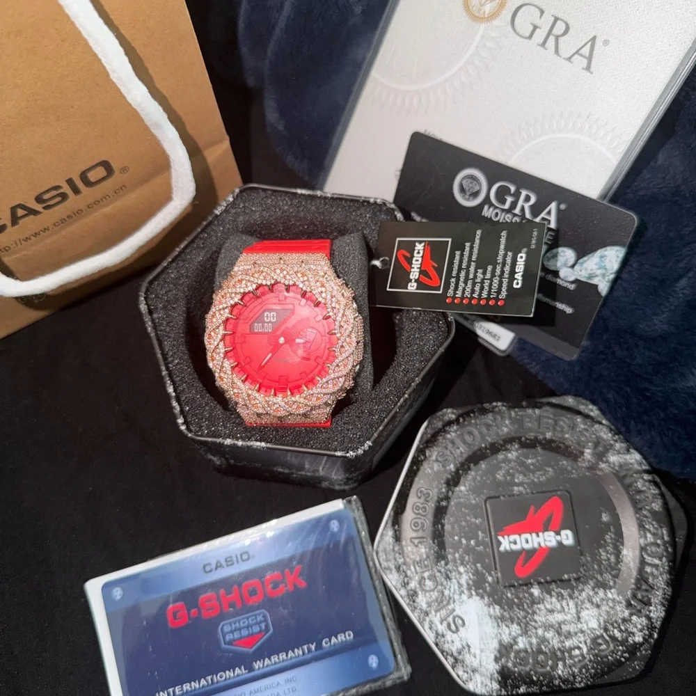 Casio G-Shock Red Strap Watch with Rose Gold Crystal Bezel vvs1 tester passing
